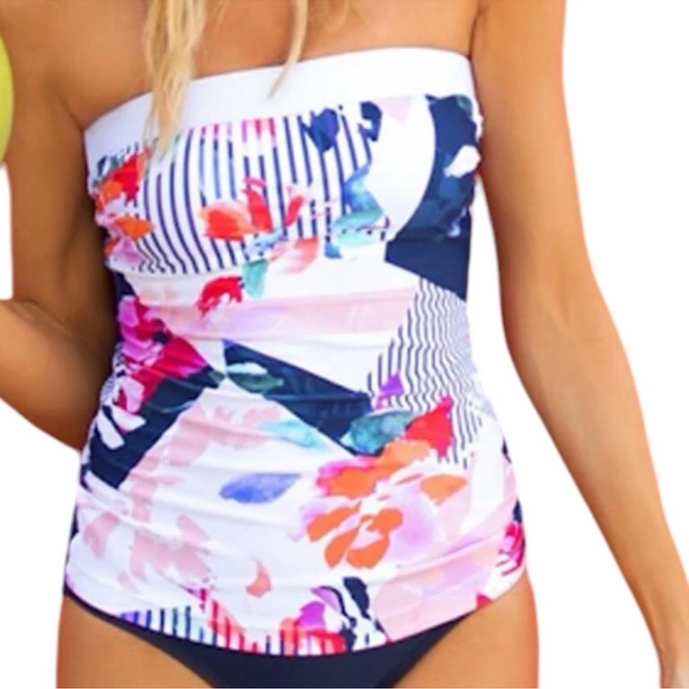 Hapari Bandeau Tankini M/Athleta Navy Bottoms L EUC